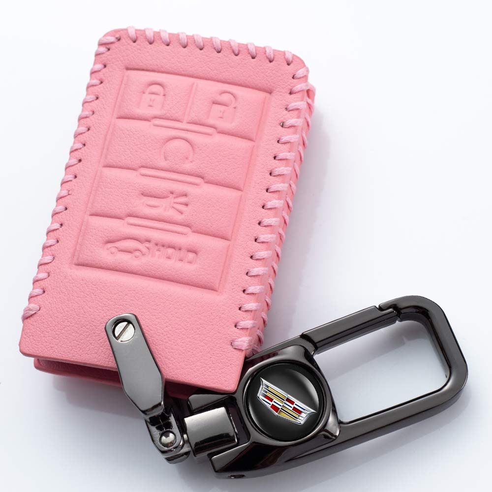 cwwbpiw Car Key fob Cover Rings Holder for Cadillac ATS CTS DTS XTS Escalade with Genuine Leather Protector Keychain Key Case Anti-dust Full Protection Car Accessoryies,C-Pink