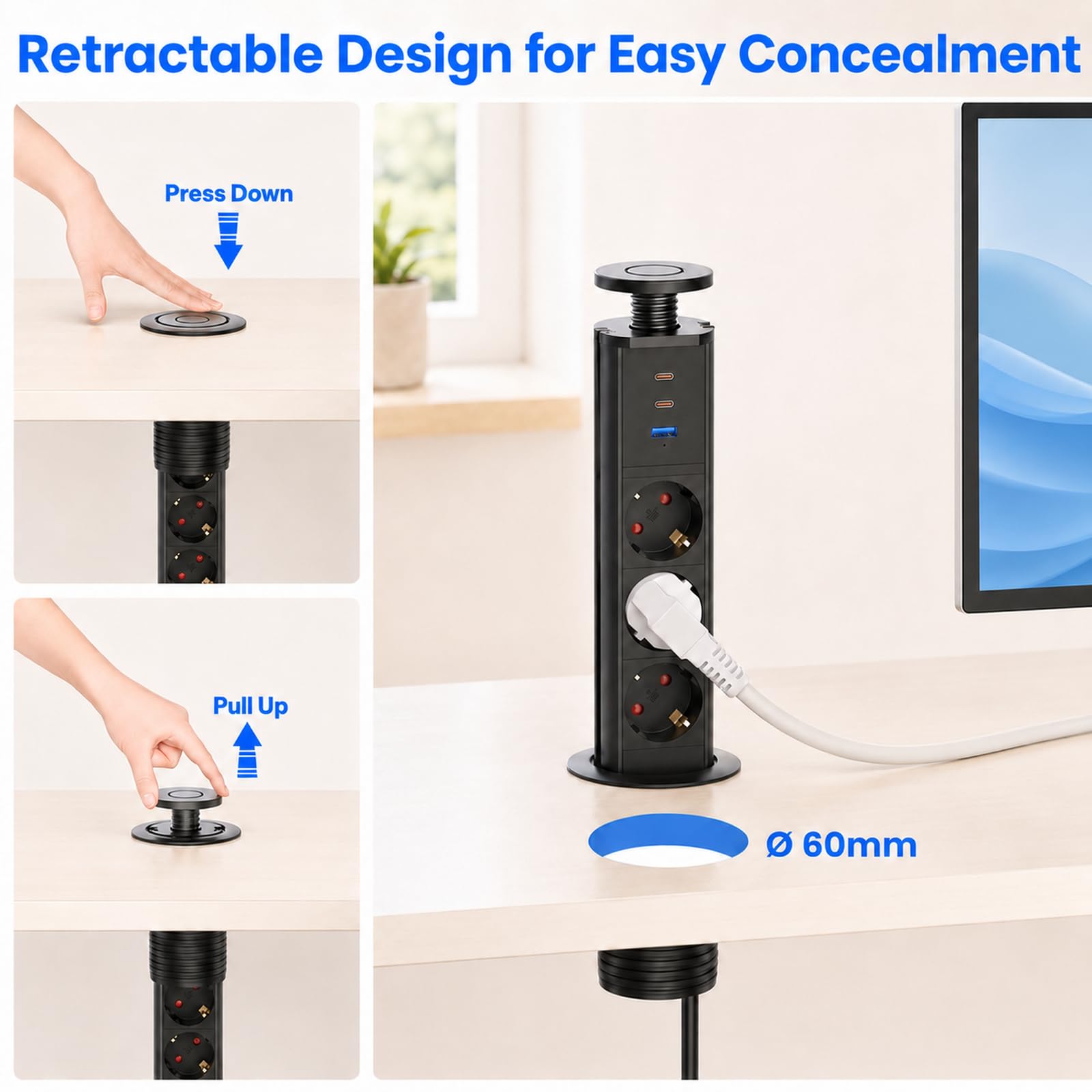 Versenkbare Steckdose 3-Fach USB-C PD 30W, Ø60 mm, Schwarz