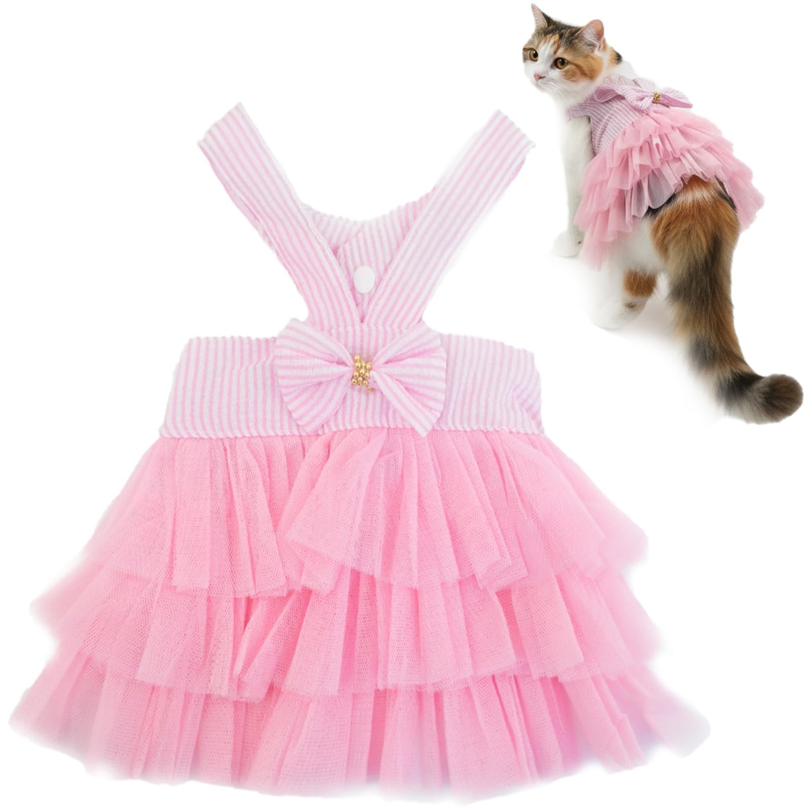 View 1 of 1 PC Pink Bowknot Tutu Dress for Dog Cat Pets' Costume for Yorkies Princess Style Lace Trim Summer Outfit for Small Pets M