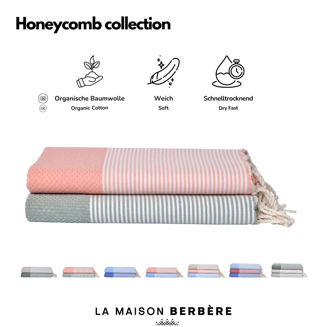Fouta XXL Lot de 2 Serviettes de Plage, de Sauna, de Sauna, de Plage, pour Homme et Femme, 100 x 200 cm, 100% Coton, Saumon et Olive, Gris-Marron