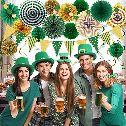 Image of Green Gold Party Decorations, Graduation Season Hanging Glitter Triangle Flags Banner Paper Fan Tissue Pom Poms Garlands, St. Patrick's Day, Bridal Shower, Green Master Golf Themed Birthday