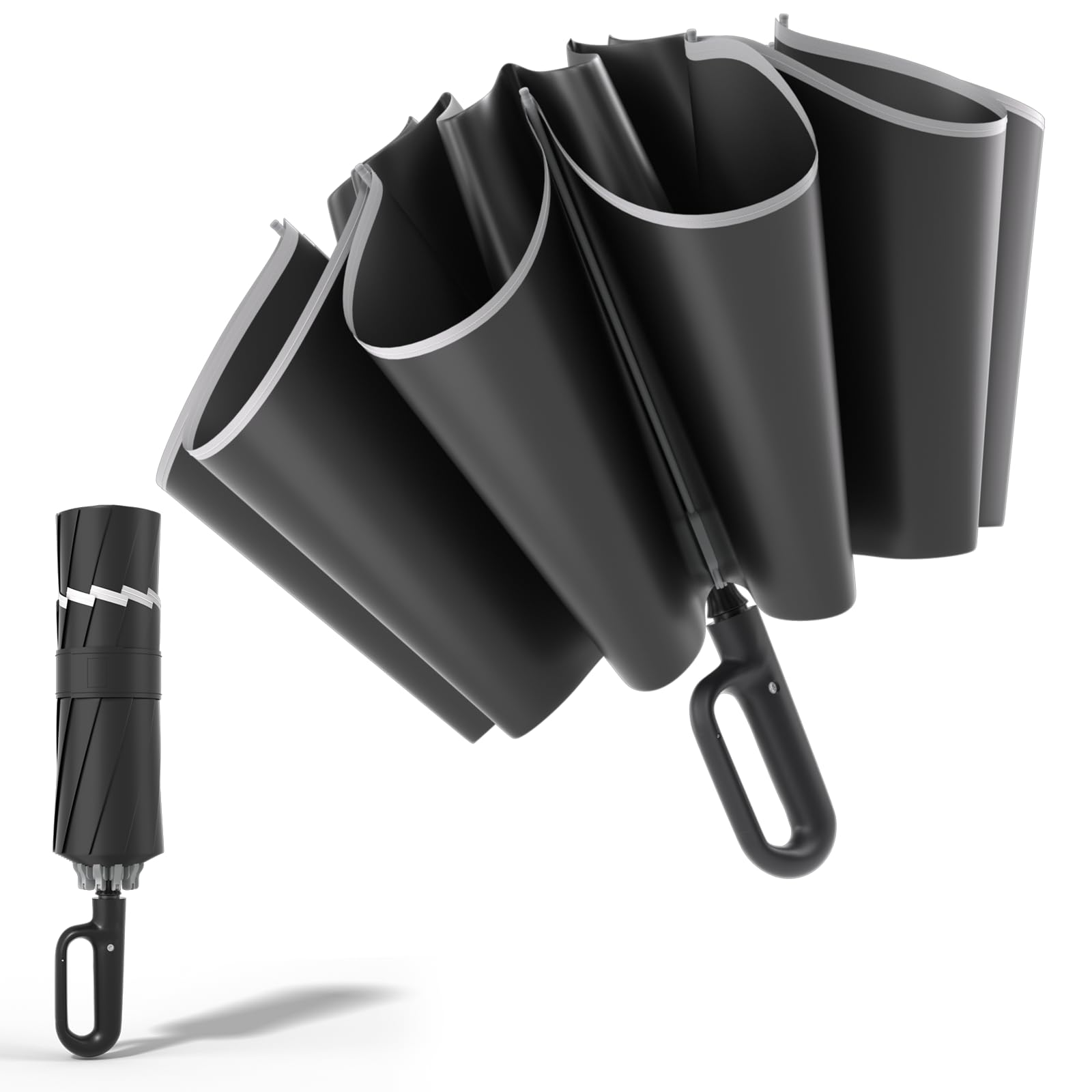 cuysfeadInverted Travel Umbrella with Carabiner Handle,Large Compact Reverse Umbrella for Rain and UV Protection,10 Ribs Windproof Automatic Umbrella with Reflective Strip for Women Men