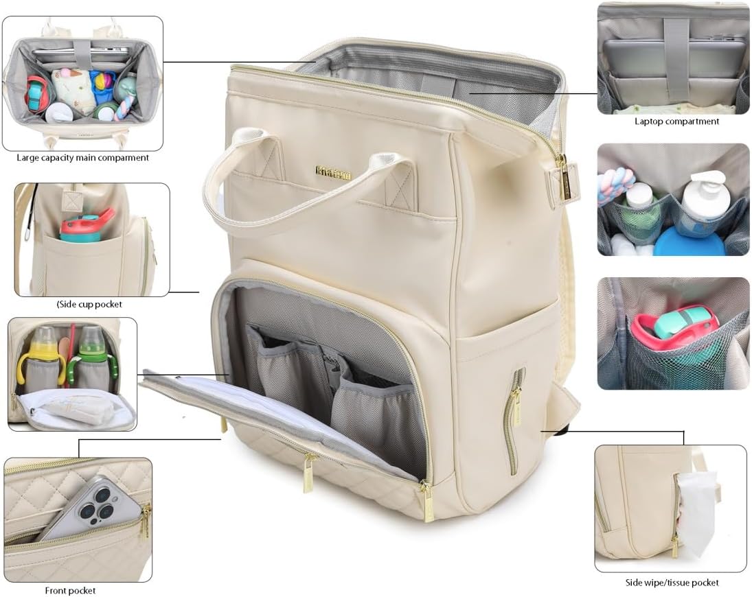 Baby Diaper Bag Backpack, Vegan Leather Diaper Backpack with Laptop Compartment 15.6 inch, Baby Bag Large Capacity, Waterproof Travel Backpack (Beige)