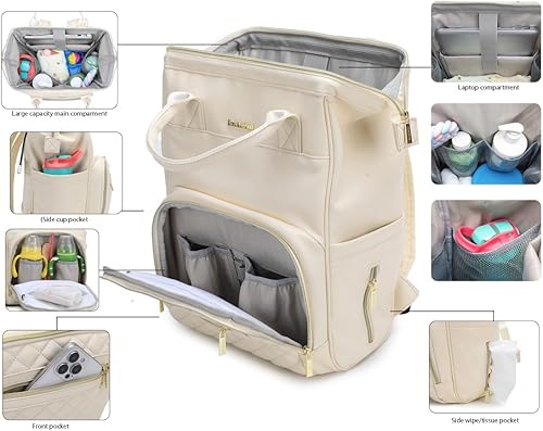 Miniatura 4 de Mochila para pañales de bebé, mochila de cuero vegano con compartimento para laptop de 15.6 pulgadas, bolsa de bebé de gran capacidad, mochila de