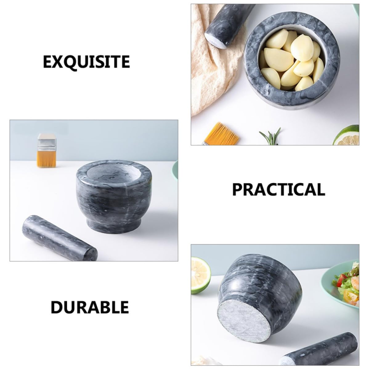 VILLCASE Juego de Mortero y Pilón de Mármol Negro para Triturar y Liberar Sabores Naturales, Herramienta Manual Adecuado para Cocina y Hogar