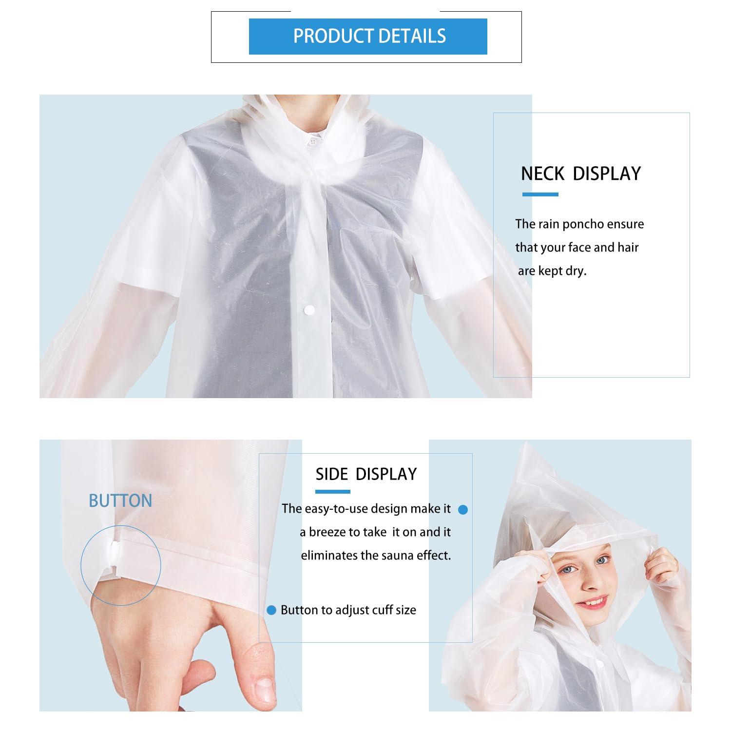 SWOGAA Raincoats for Kids -Reusable 3 Pack EVA Ponchos for Boys Girls with Drawstring Hood and Sleeves-Waterproof Rain Coats Perfect for Camping- Rain Jacket with Cuff Size Adjusters 4