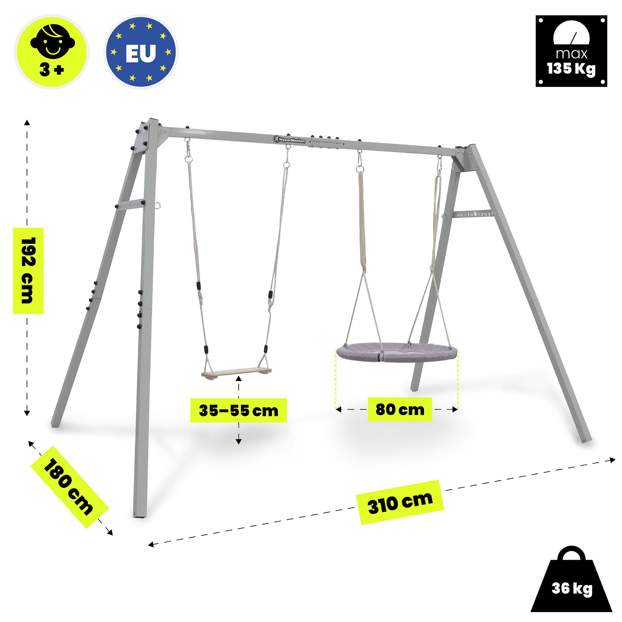 HyperMotion 4-in-1 Gartenschaukel Set aus Legiertem Stahl und Polyester, Pulverbeschichtet in Grau, mit Hängematte, Schaukelsitz und Vogelnest, 310 × 180 × 192 cm