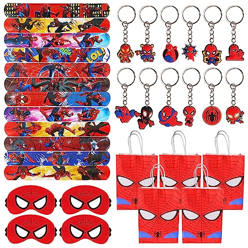 48 peças Homem-Aranha presentes de festa, presentes para festas de Homem-Aranha, 12 máscaras de feltro Homem-Aranha, 12 porta-chaves do Homem-Aranha, 12 bolsas de presente Spiderman, 12 pulseiras de