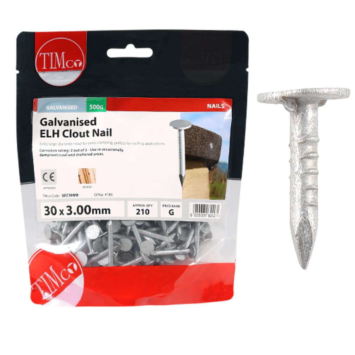 TIMCO Galvanized ELH Clout Nails - 30 x 3.00 - Extra Clamping - Perfect for Fitting Roofing Felt and plasterboard - 0.5kg Bag - Silver