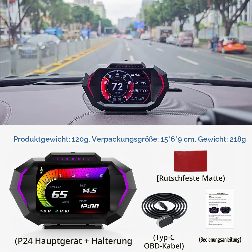 Universal Head-Up-Display (HUD) Auto – OBD2 & GPS Dual-Modus mit Neigungsmesser, Geschwindigkeitswarnung & Müdigkeitsalarm – Mehrsprachig, km/h/mph umschaltbar
