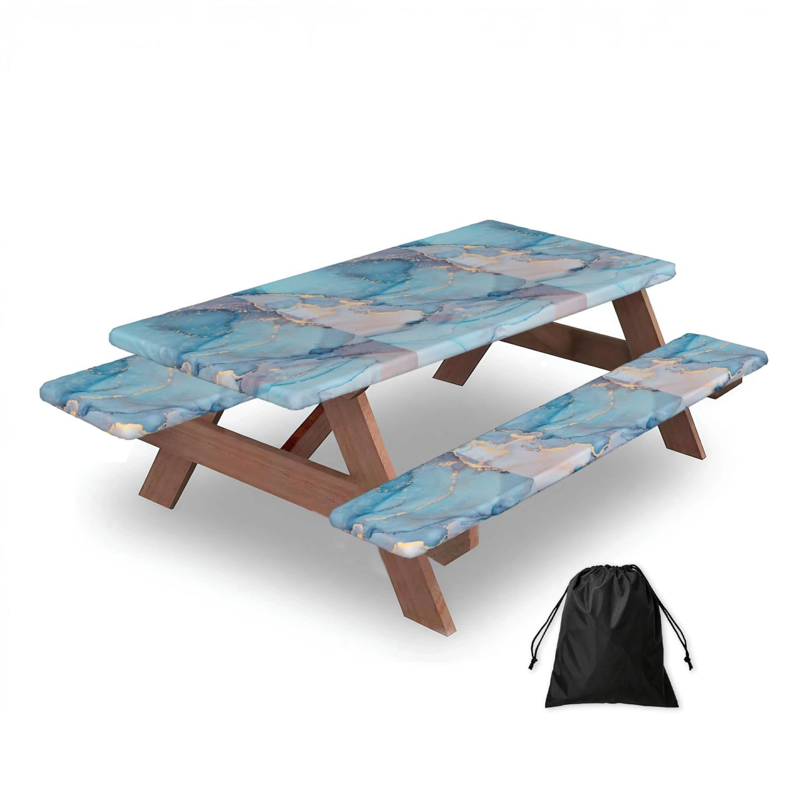Dopklna As Picture Blue Gold Marble Texture Ocean Art, Picnic Table Cover With Bench Covers -Waterproof Elastic Fitted Tablecloth For Garden Camping Patio 76X152cm
