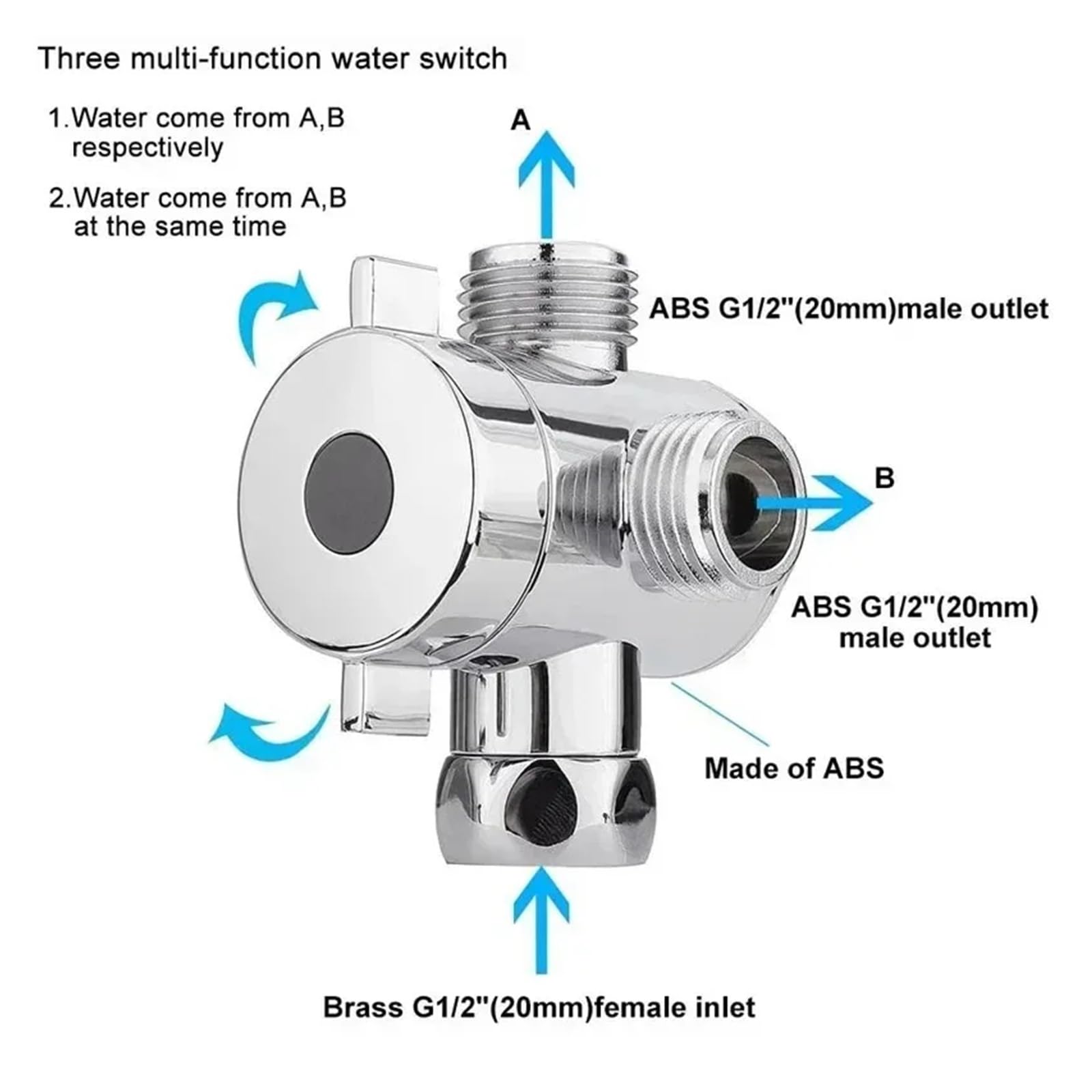 Válvula desviadora para cabezal de ducha, Válvula desviadora ABS G1/2, adaptador en T for ducha de 3 vías, separador de agua, interruptor de grifo(3 Way Diverter)