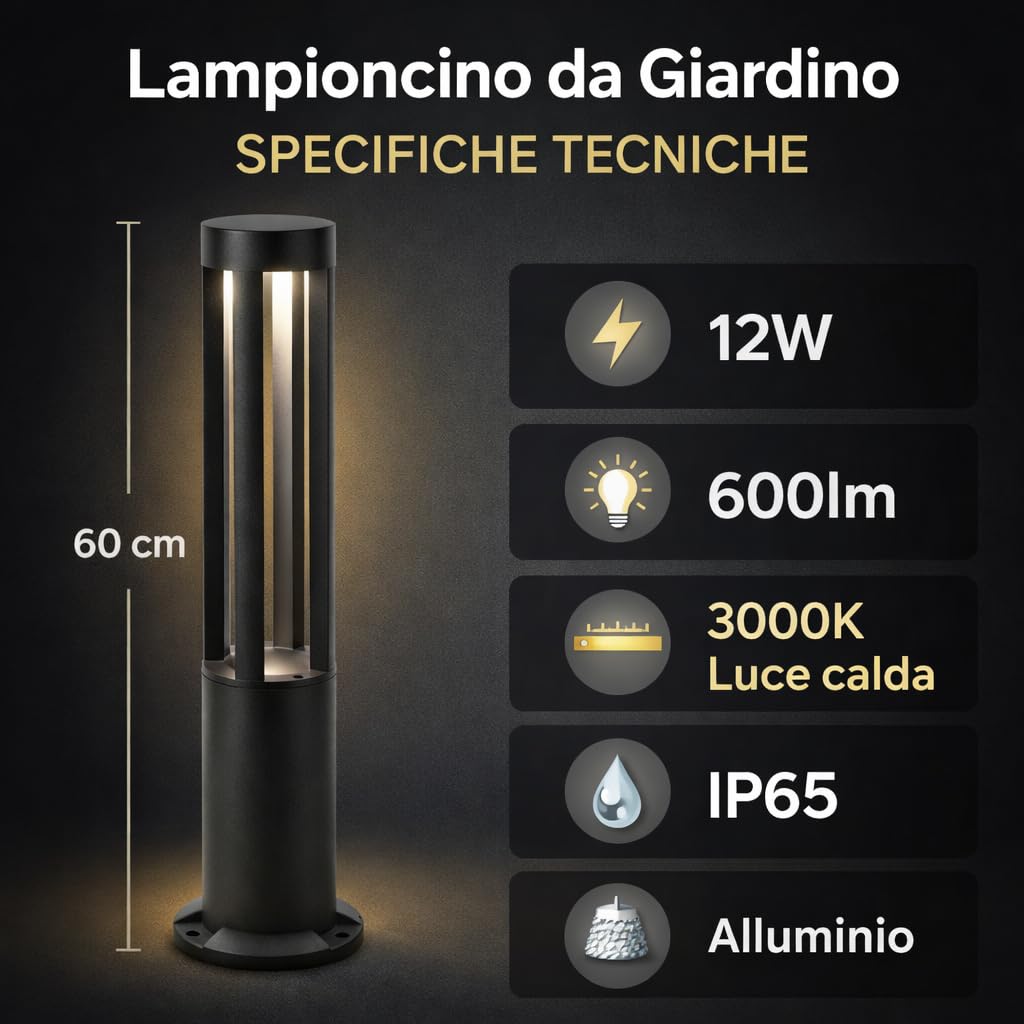 Lampioncino LED da Giardino 60 cm 12W 600LM Luce Calda 3000K IP65 Paletto Luminoso da Esterno in Alluminio per Vialetti Giardino Cortile Illuminazione Moderna Nero