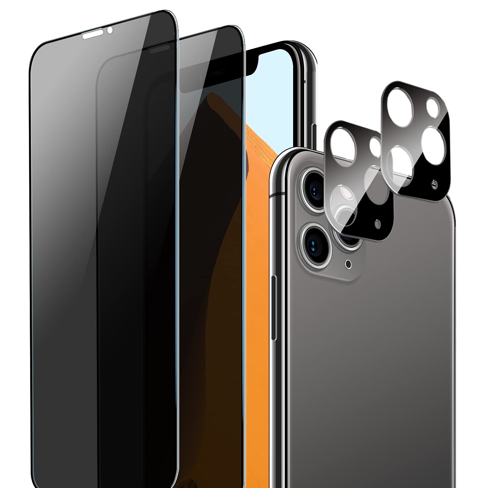 QUESPLE 2 Pack Privacy Screen Protector for iPhone 11 Pro Max(6.5inch) + 2 Pack Camera Lens Protector,[Anti-Spy] [9H Hardness] [Bubble Free] Tempered Glass Film