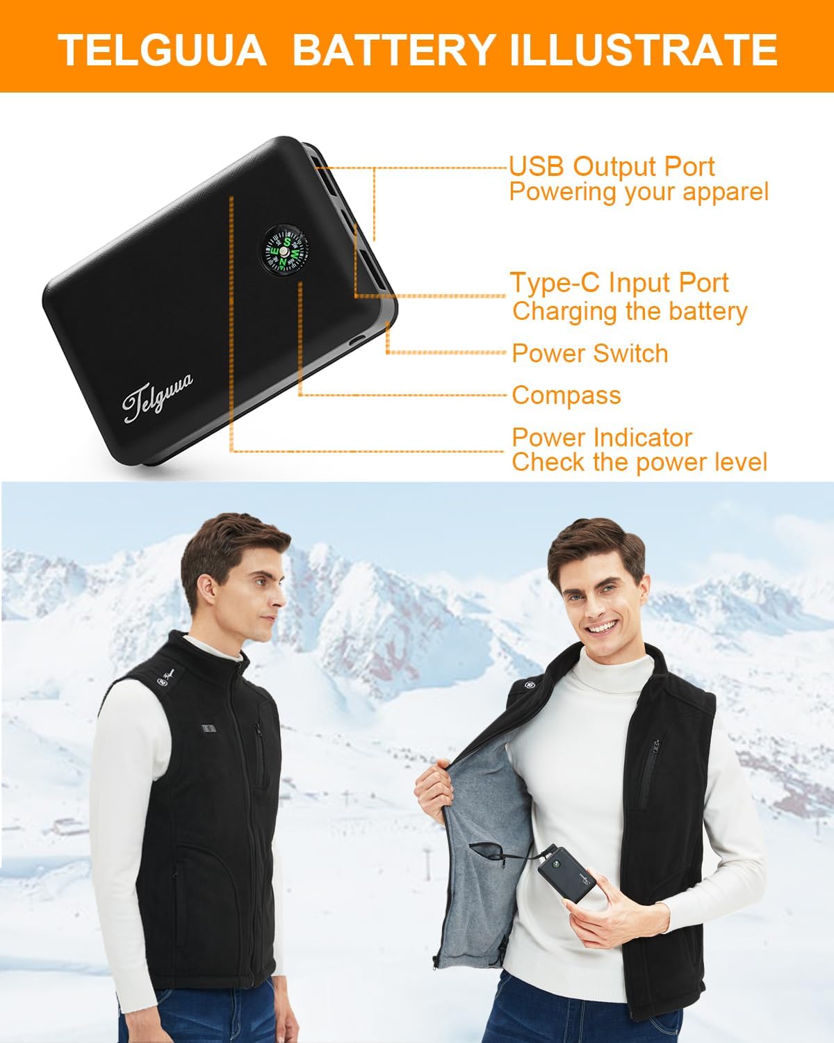 Telguua Gilet riscaldato in pile con 3 temperature regolabili, gilet riscaldato per la pancia, giacca riscaldata per sci, lavoro all'aperto, escursionismo