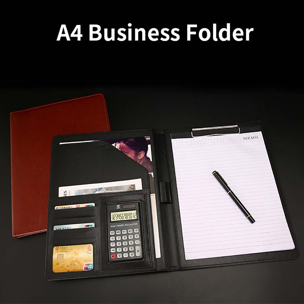organizer folio per documenti, Custodia portfolio Cartella for conferenze in pelle A4 Cartella portfolio A4 con blocco for appunti Porta biglietti da visita for uomini e donne for conferenze di interv