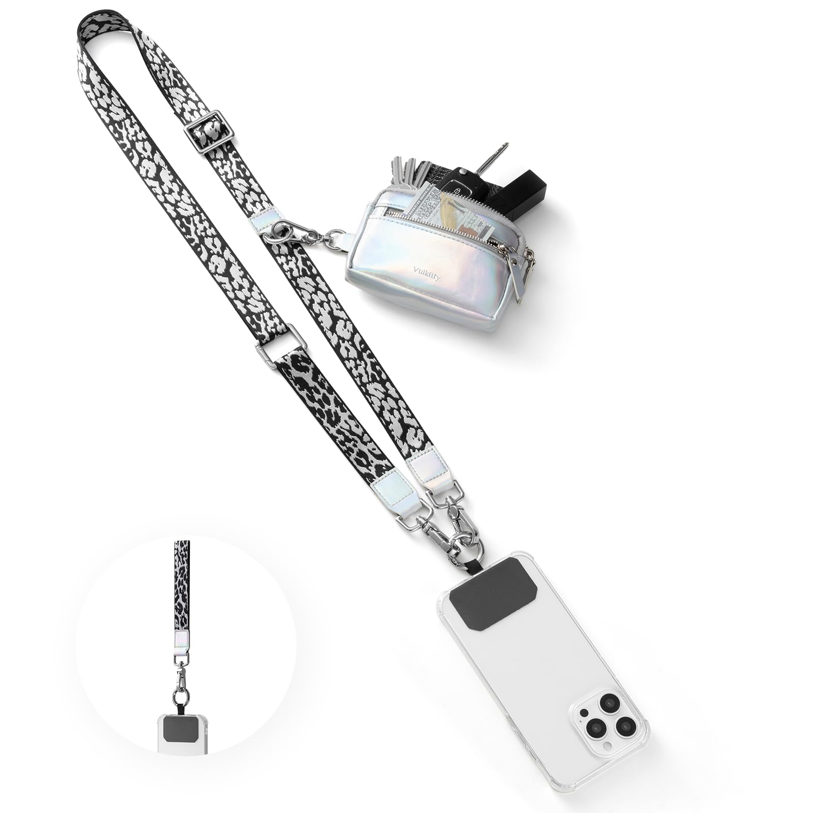 Vulkitty Clip and Go Strap for Phone with Wallet Crossbody, Phone Strap with Zippered Pouch, Removable lanyard or Wristlet