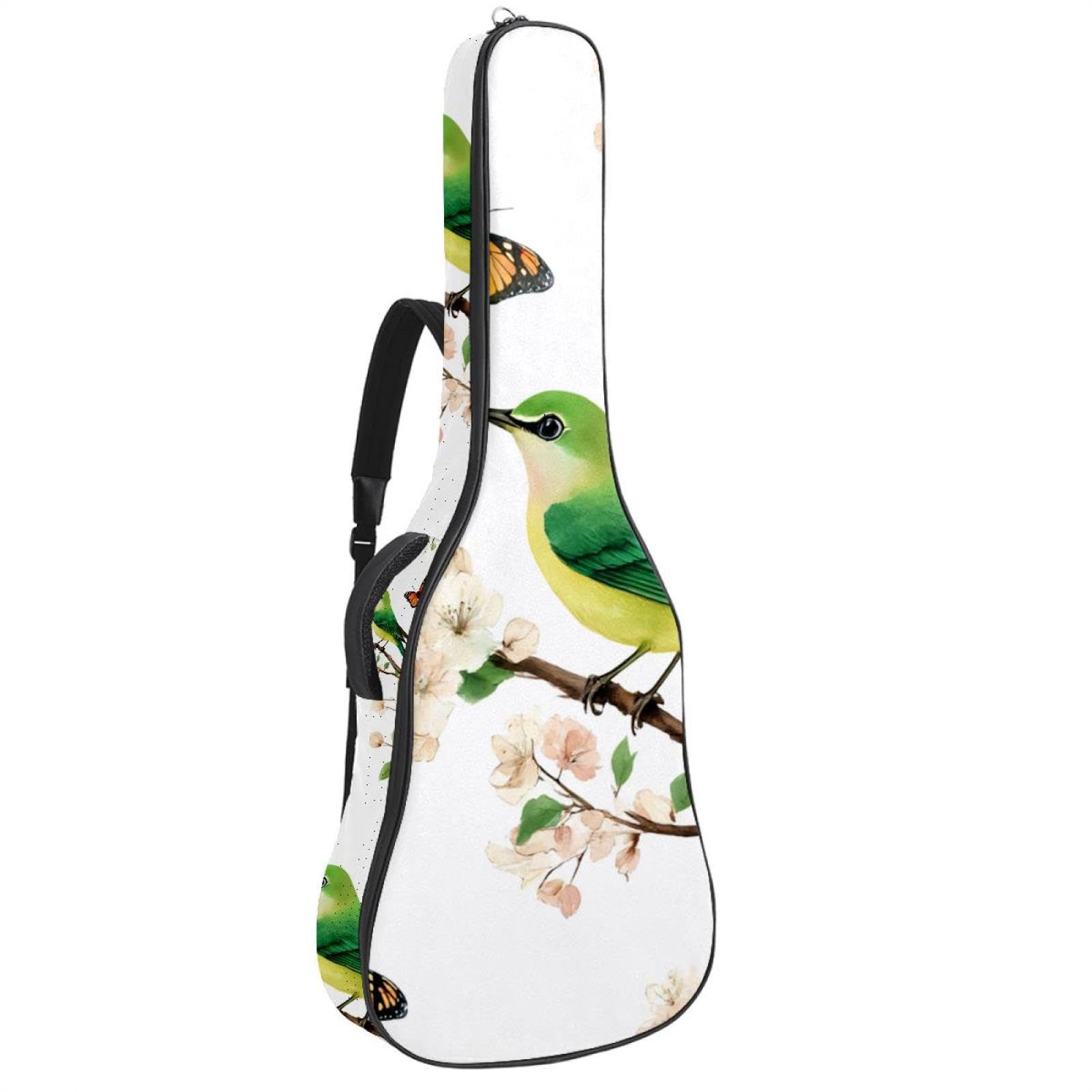 Green Bird and Colorful Butterflies among Floral Branches Acoustic Guitar Bag, Guitar Case Gig Bag 40 41 42 inch with Dual Adjustable Shoulder Strap and Back Hanger Loop