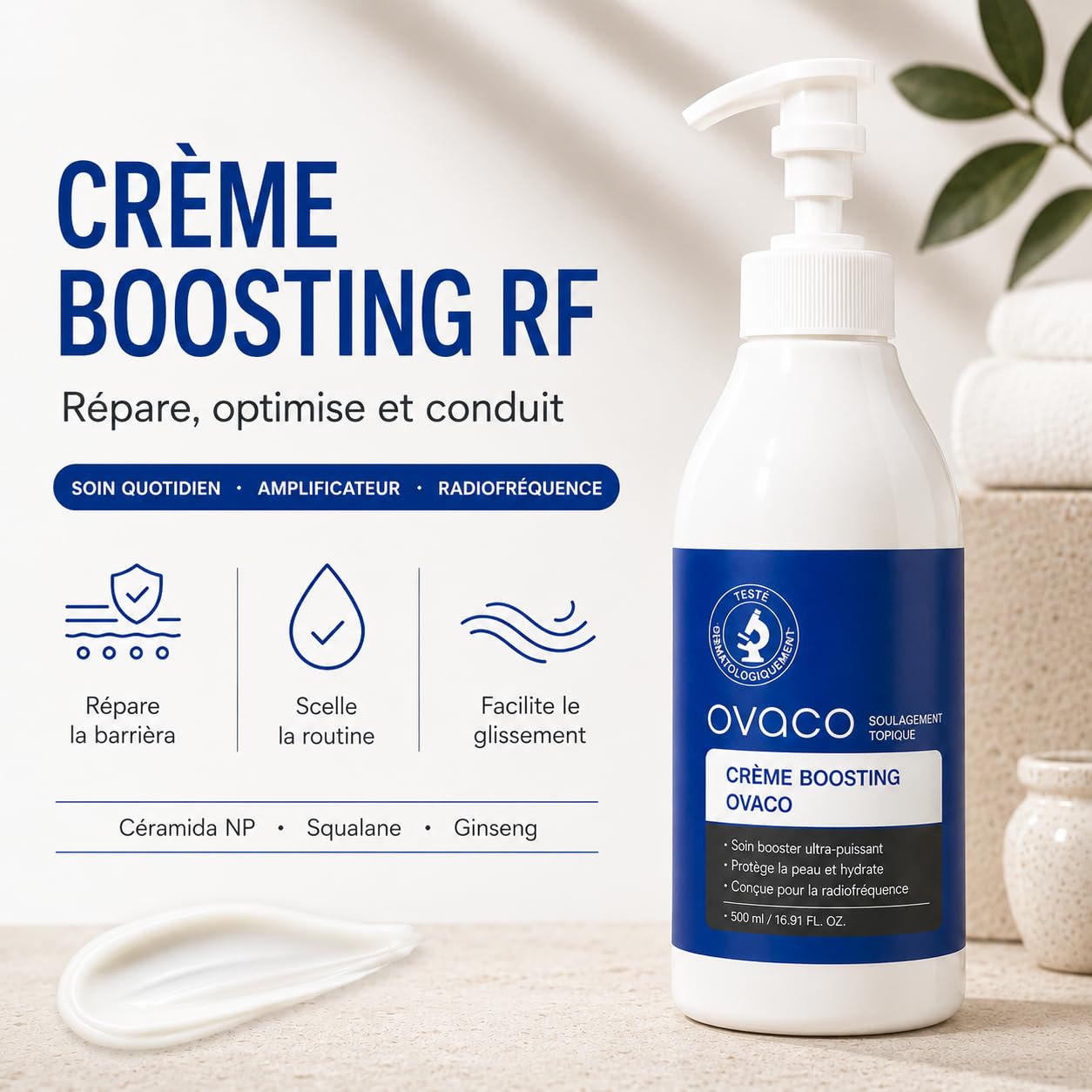 Ovaco Crème Corps Raffermissante RF 520 ml | Acide hyaluronique, Ginseng et extrait d'avoine, Texture légère, Absorption rapide