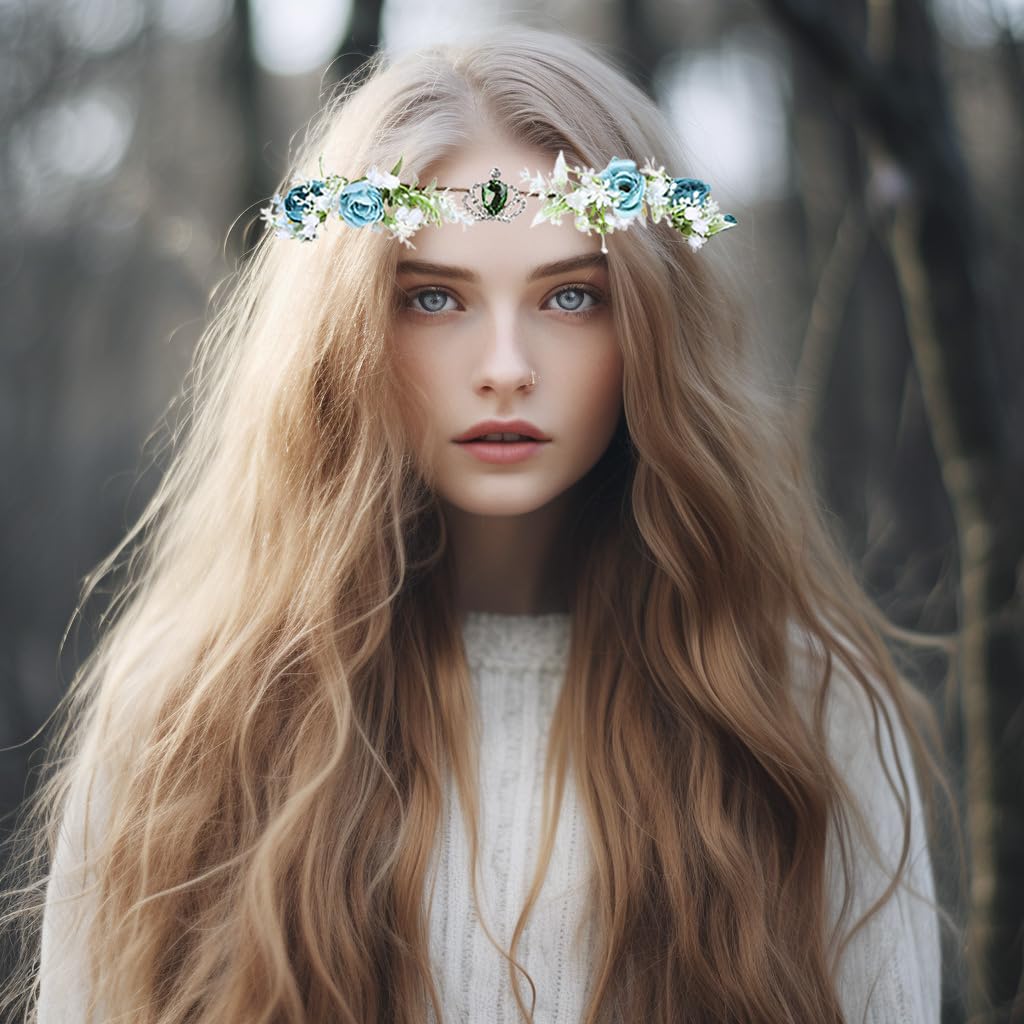 Brikuinr Floral Crown Wreath Girl Flower Headbands Hair Wreath Flower Halo Headpiece with Rhinestone Wedding Party Cosplay - Image 4
