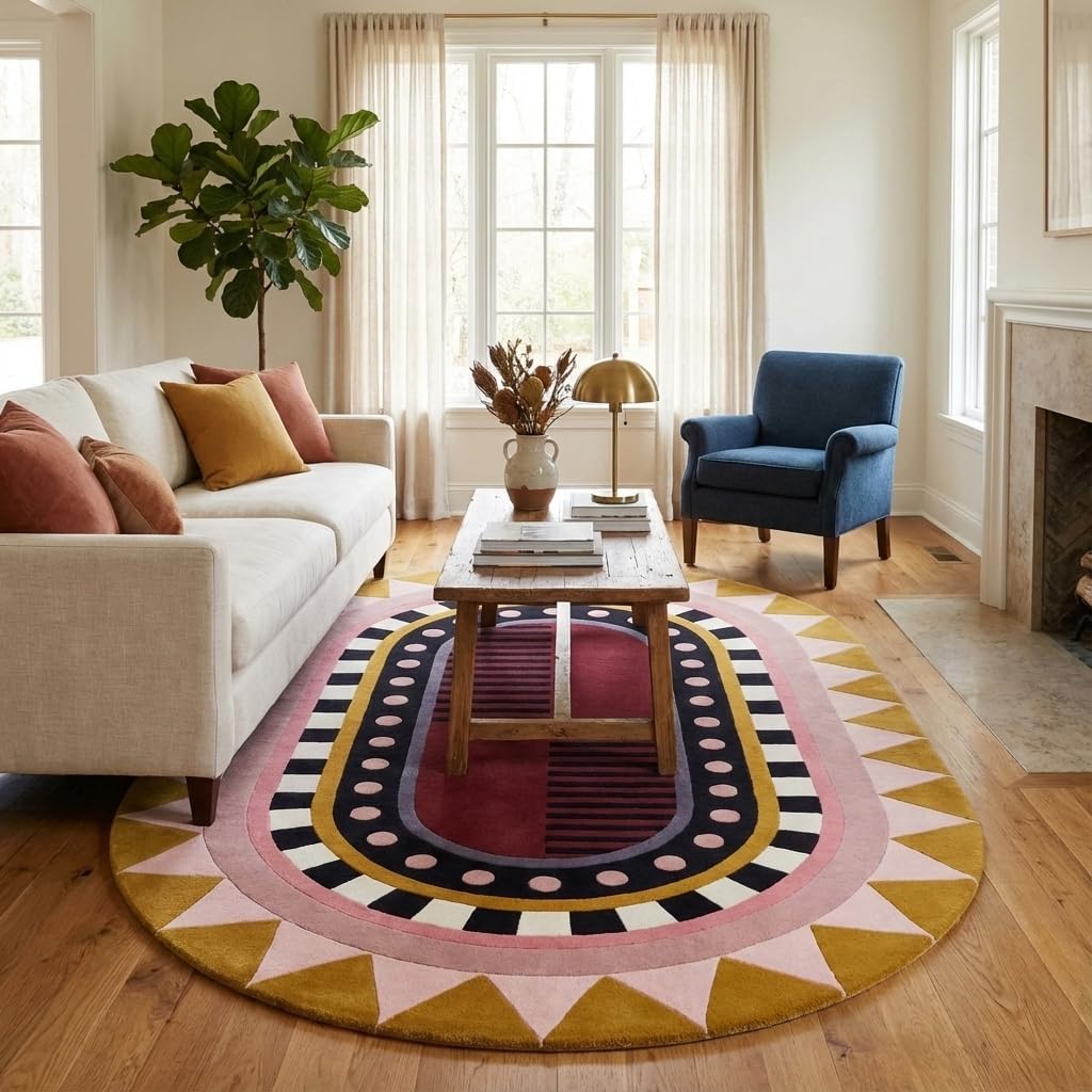 Handmade Oval Geometric Wool Area Rug – Modern Art Deco Inspired Abstract Concentric Pattern, Soft Plush Floor Carpet for Living Room Bedroom Dining Room (Ivory/Neutral Multi, 3' x 5')