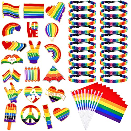 Image of Junkin 80 Pcs Pride Flags Bulk Rainbow Pride Pins Bulk LGBT Lapel Pins Gay Flag Brooch Pins with Rainbow LGBT Pride Bracelet and Pride Hand Held Flag for Clothes Bags Accessories Gifts