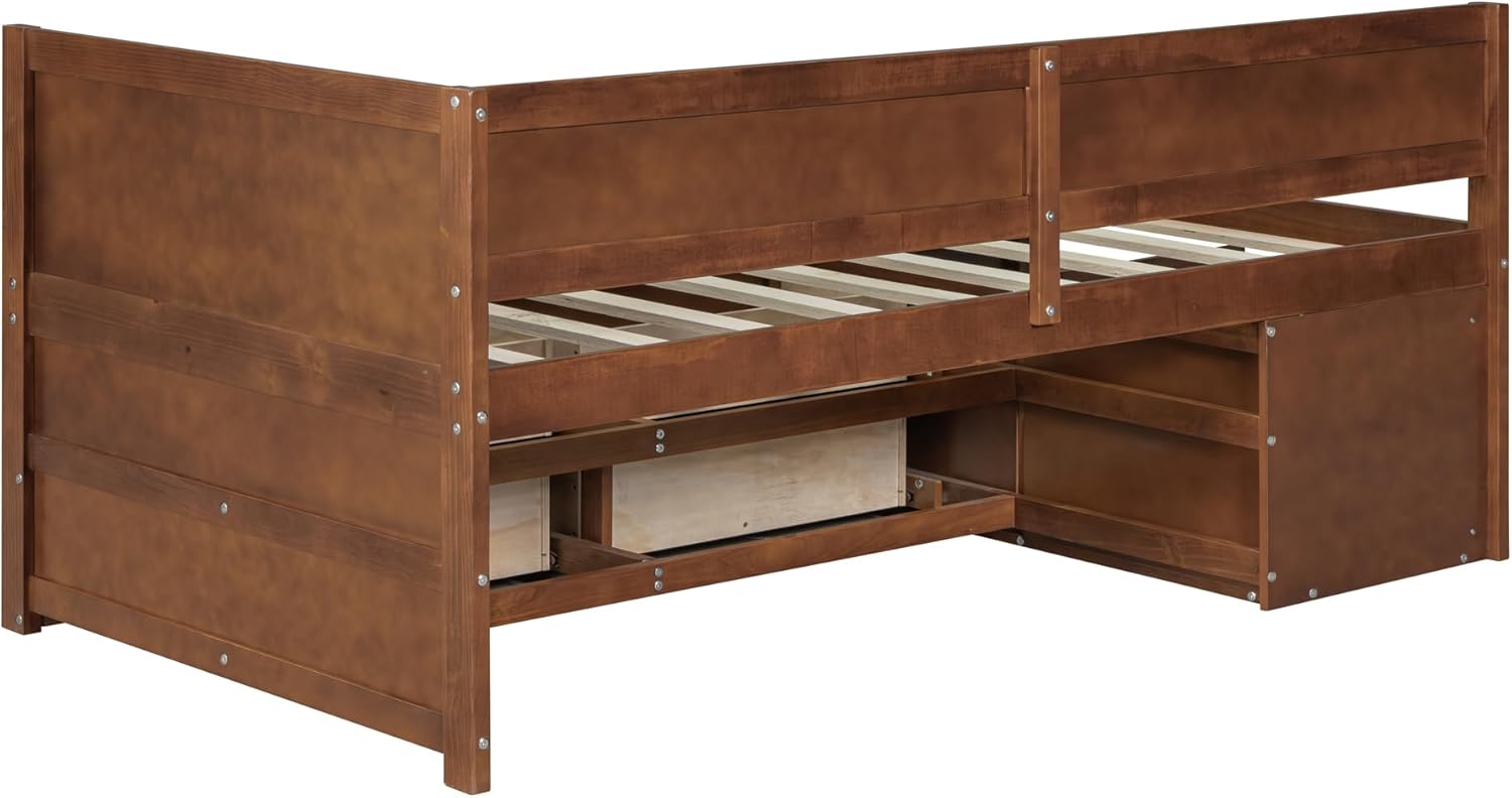 Twin Size Daybed with Drawers and Shelves, Multifunctional Wood Bed Frame with Cabinets for Kids Girls Boys, Daybed Frame with Storage Shelf for Bedroom, Living Room, Guest Room (Walnut, Twin)