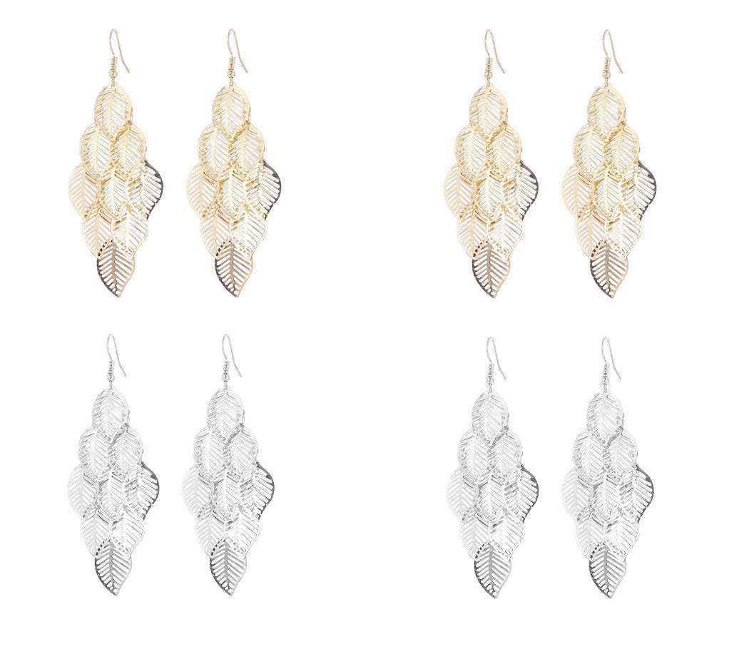 TQsuen Leaf Cluster Dangle Earrings, 4 Pairs Waterdrop Dangle Drop Stud Earrings Women Girls Earrings for Party, Birthday Gifts Mom Wife Sister or Friends, Gold and Silver