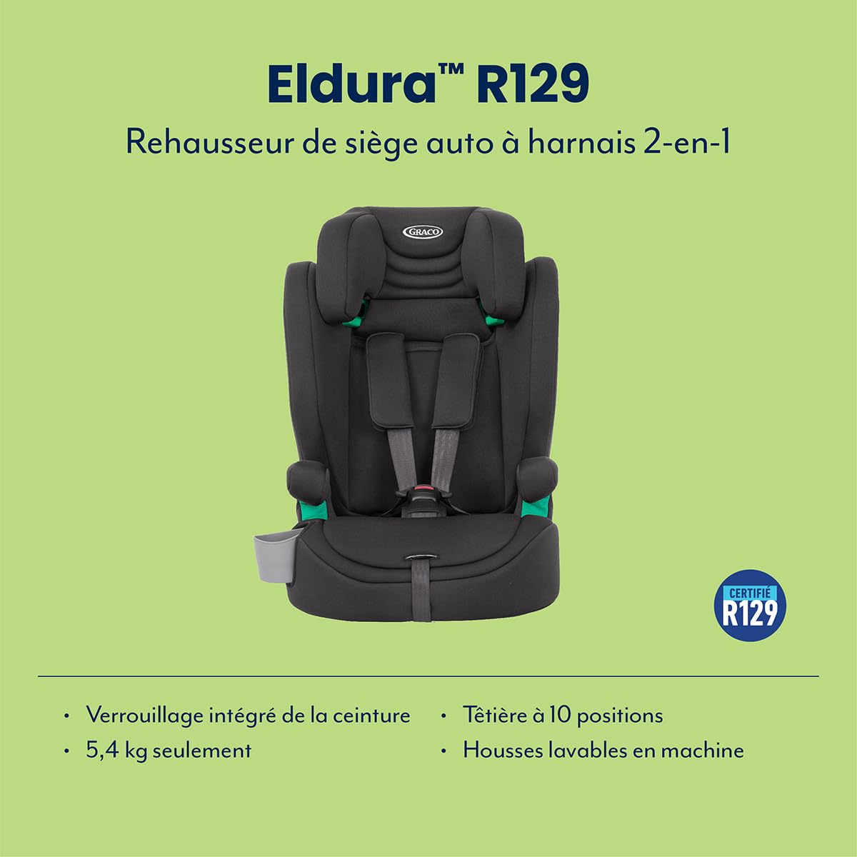 Graco Eldura R129, siège Auto à Harnais 2-en-1 de 76 à 145 cm (de 15 Mois jusqu'à Environ 12 Ans), Face à la Route, de 76 à 105 cm