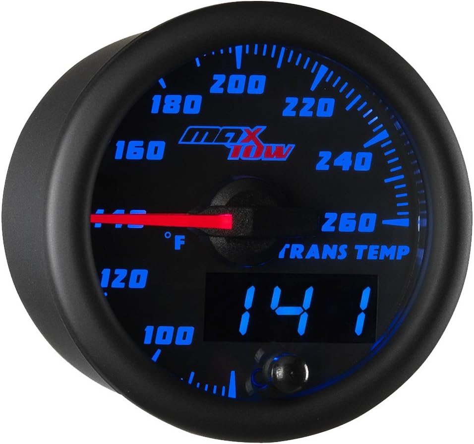 MaxTow Double Vision 260 F Transmission Temperature Gauge Kit - Includes Electronic Sensor - Black Gauge Face - Blue LED Illuminated Dial - Analog & Digital Readouts - for Trucks - 2-1/16" 52mm