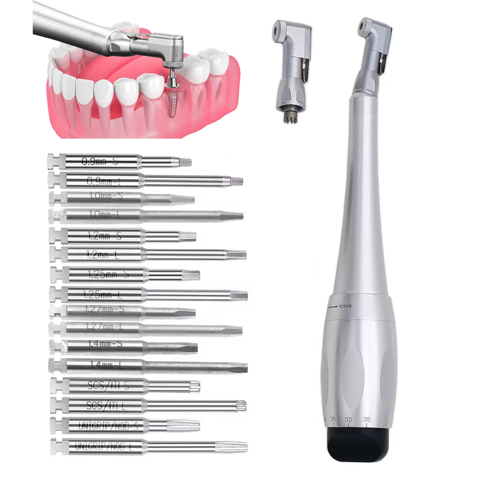 Llave Dinamométrica Dental, Juego De Herramientas Para Restauración Dental, 7 Configuraciones De Torque (5-35 N.Cm) + 16 Cuchillas Universales Para Tornillos, Para Clínicas Dentales