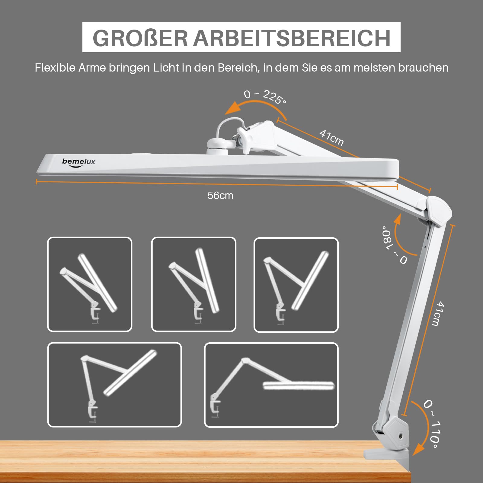 Drehbare LED-Schreibtischlampe mit Klemme, 24W, 2000 Lumen, 56cm-Ultra-Wide-Lampenschirm, 234 SMD-LEDs, 5 Helligkeitsstufen, 5 Farbtemperaturen einstellbar (Weiß)