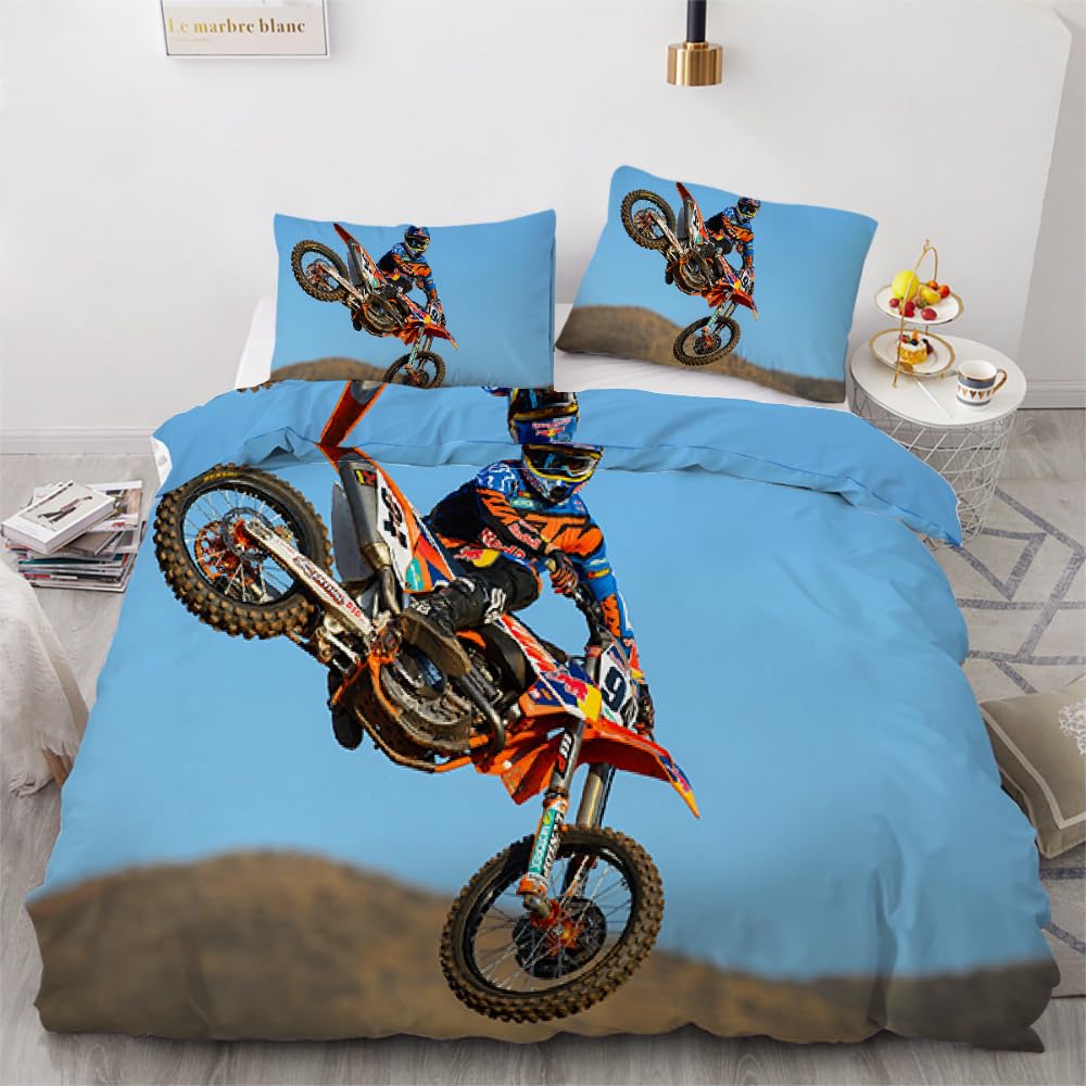 MARBRE 3D Motocross Double Duvet Cover Set 200x200cm 3 piece Soft Microfiber Reversible Bedding Set Motorcycle Comforter Cover with Zipper Closure Quilt Cover with 2 Pillowcase 50x75cm（Image 17-16）