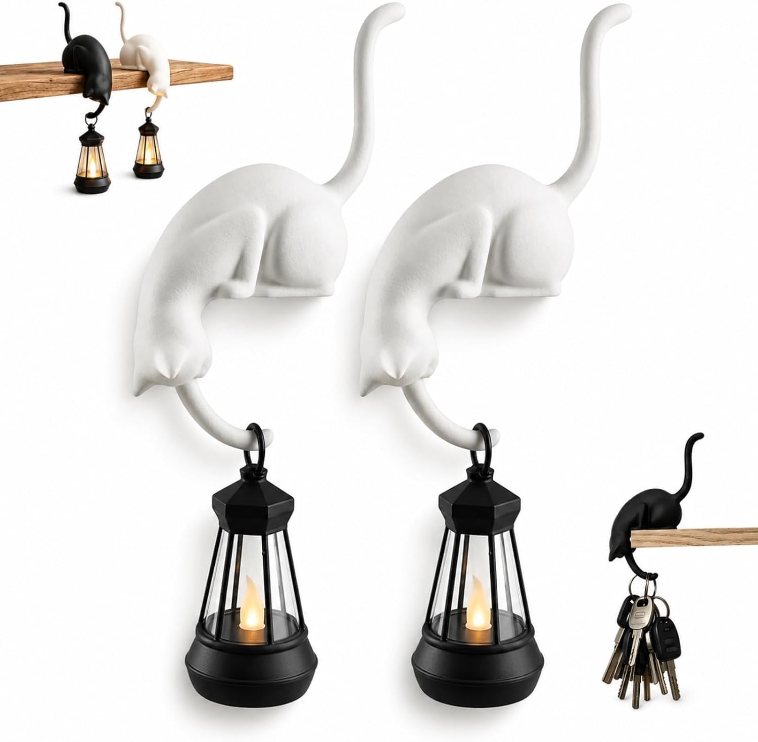 Cat Bookshelf Sitter with LED Lantern, Cute Cat Lovers Gift