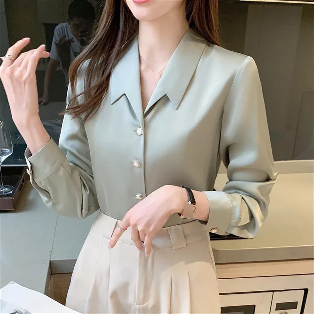 Blusas de satén para mujer, de manga larga, elegante, básica, con botones, de manga larga, simple, formal, casual