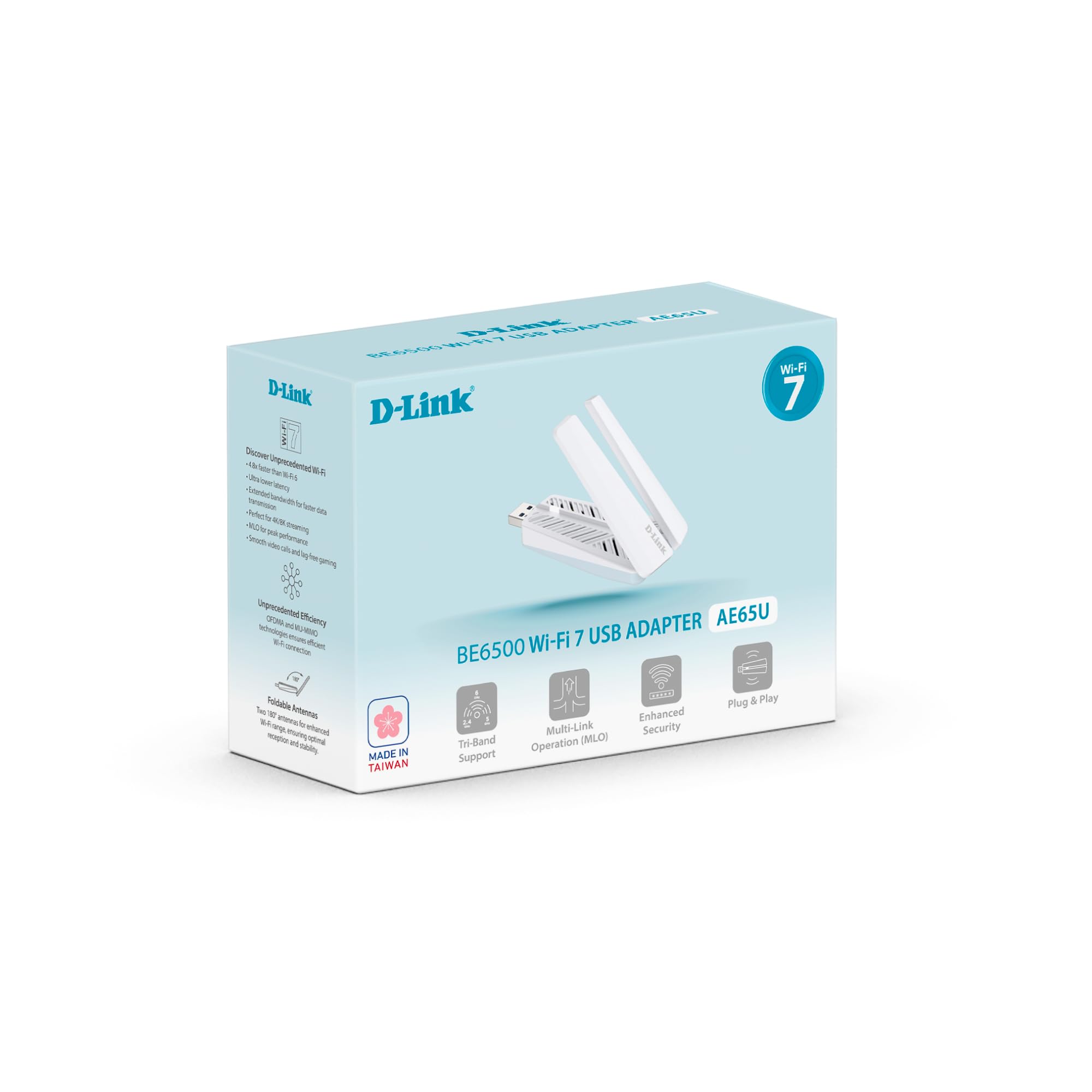 D-Link AE65U Adattatore USB Wi-Fi 7 BE6500 – Tri-Band 6,5Gbps, MLO, USB 3.0, 4096-QAM, Sicurezza WPA3, Antenne Pieghevoli con Base – Windows 11/10