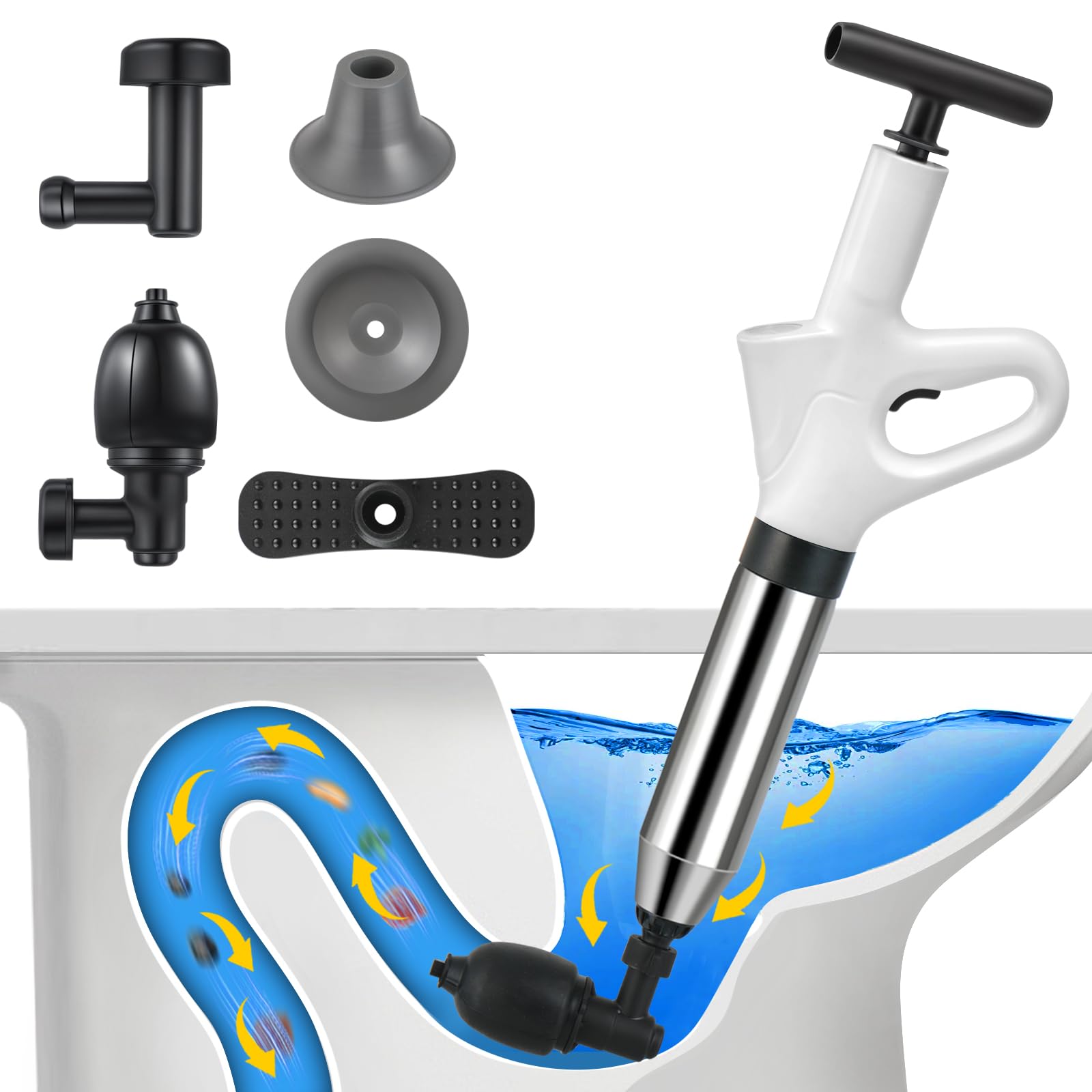 Rohrreiniger Druckluft, Abflussreiniger Pumpe mit Luftkompression und Luftdruckanzeige, Pressluft Rohrreiniger mit 4 Saugnäpfen für Waschbecken, Toiletten, Badezimmer, Dusche, Küche