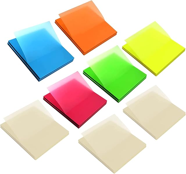 400 Sheets Colour Transparent Sticky Notes, Bright Colour Sticky Notes, Translucent Self Stick Notes, Waterproof Notes Suits for Office School Writing and Taking Notes on Books76 x 76 mm