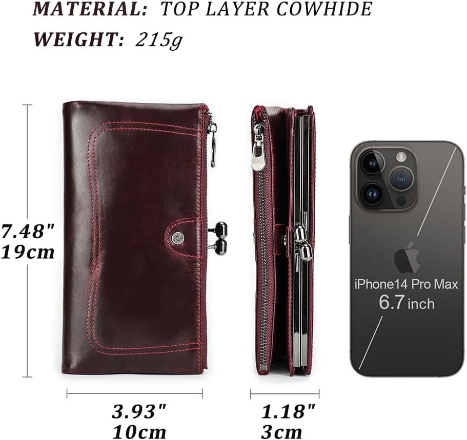 CONTACTS Kiss Lock Wallet for Women Leather Kiss Clasp Purse Bifold Wallets Card Phone Holder Clutch with Rfid Blocking (Red)