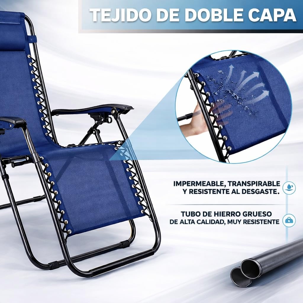 Pack 2 Tumbonas o Sillas de Exterior Plegables para jardín | Playa | Piscina o Terraza | Hamacas Reclinables Camping con Portavasos y Reposacabezas | Hasta 150kg | Silla plegable playa o Tumbona — view 6