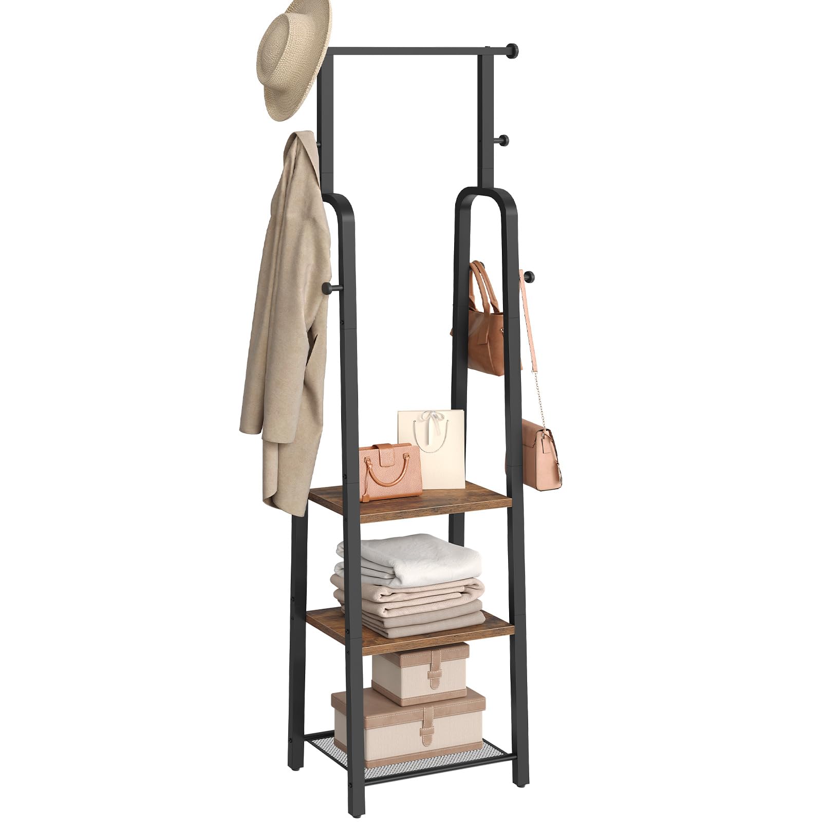 Coat Rack Freestanding Hall Tree with 3-Shelves and 8 Hooks Industrial Clothes Rack Stand Organizer for Entryway Bedroom