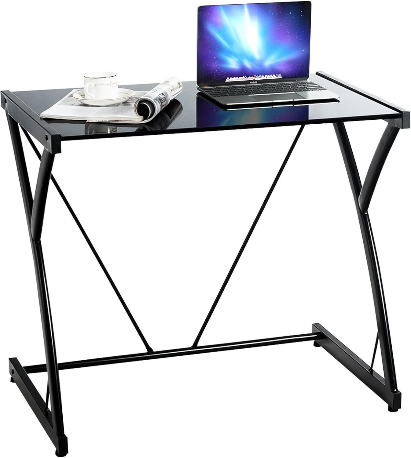 CASART ZShaped Computer Desk, Tempered Glass Desktop PC Laptop Table