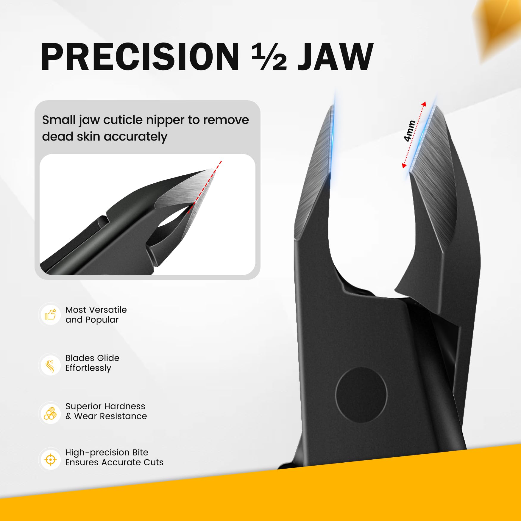 BEZOX Cortador de cutículas fino de 1/2 mordaza (4 mm) – Alicates profesionales de acero inoxidable para cutículas de manicura y pies, pinza para cutículas con mango antideslizante
