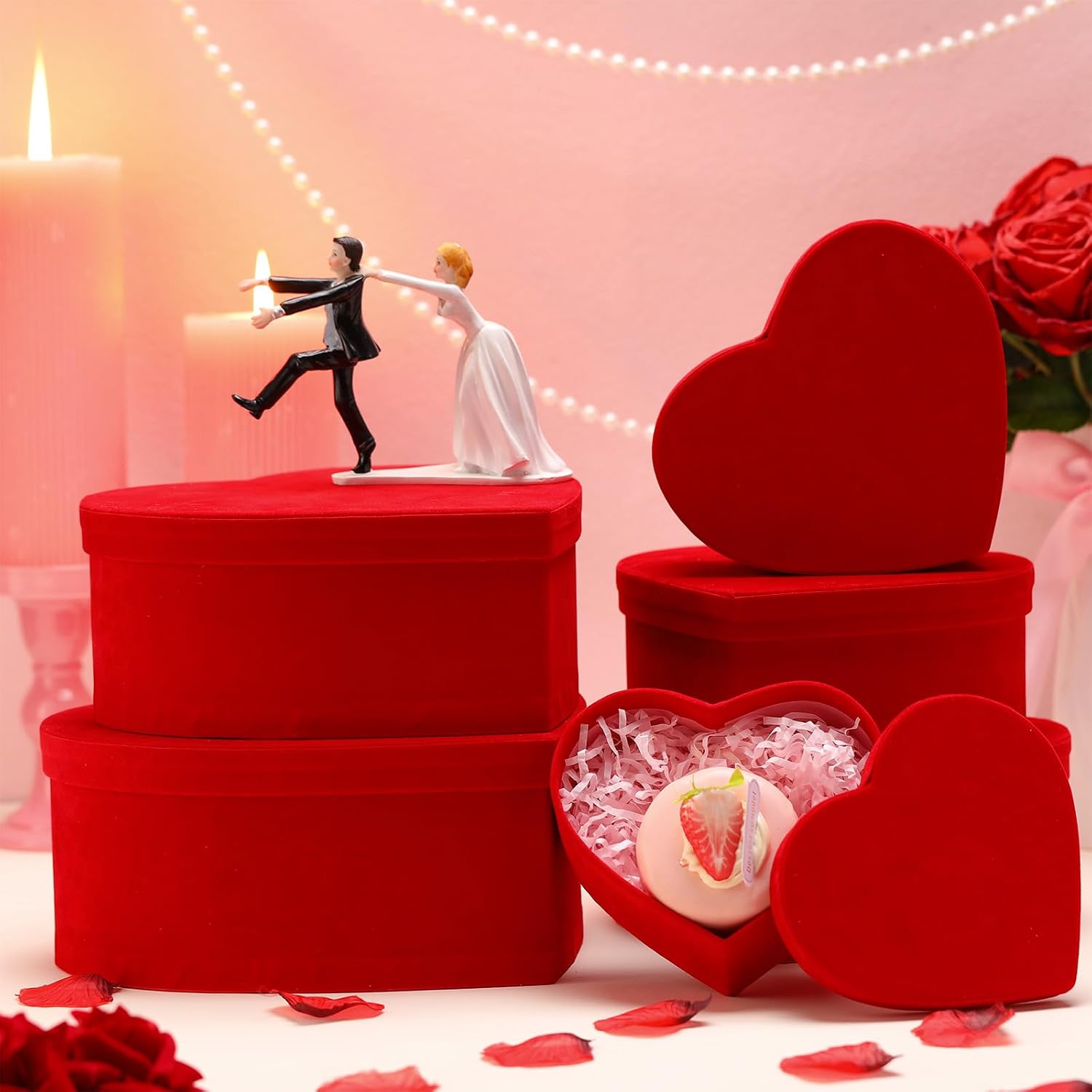 Cholemy 6 Pcs Valentine's Day Nesting Gift Boxes with Lids Valentines Velvet Gift Boxes Stacked Red Heart Design in 6 Assorted Sizes for Giving Decorative Wrapping Present
