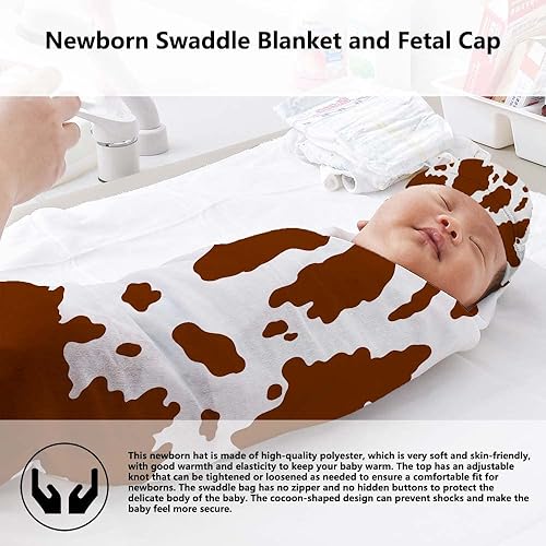 Miniatura 3 de Mantas para envolver recién nacidos con estampado de vaca marrón con sombrero, manta de recepción para recién nacido para niño y niña, saco de