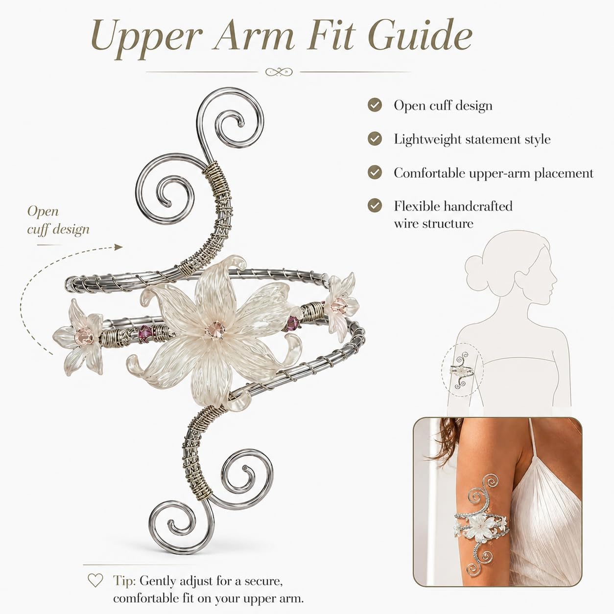 Flower Arm Cuff for Women Gold Silver Fairy Upper Arm Jewelry Floral Boho Band Fantasy Accessories for Festival Cosplay Wedding Beach Outfit Gift