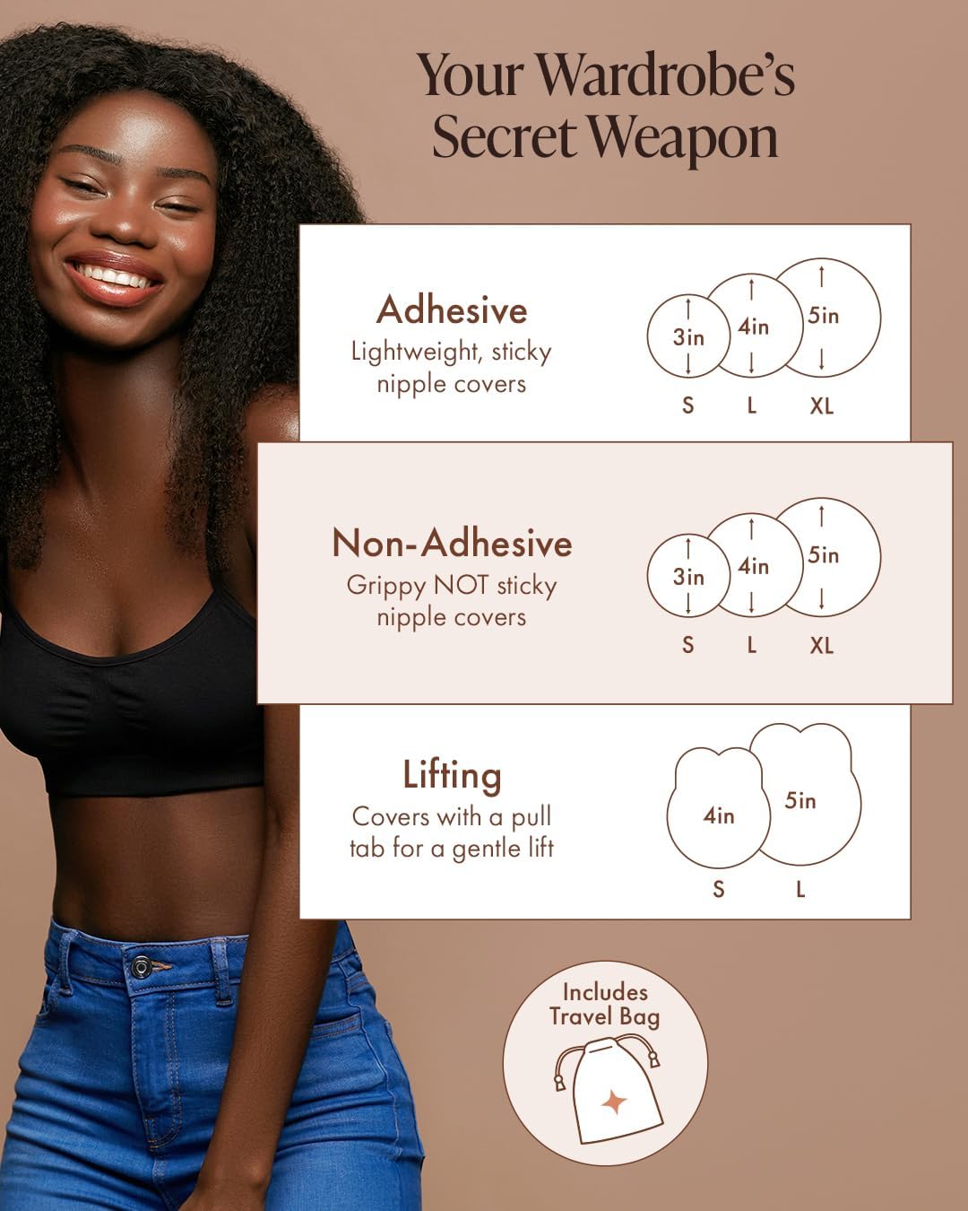 Bare Babe Silicone Nipple Covers Lift and Grippy Bundle | 1 Large Non-Adhesive, 1 Nipple Covers with Lift | Waterproof Nipple Pasties | Sticky Breast Stickers | Mocha