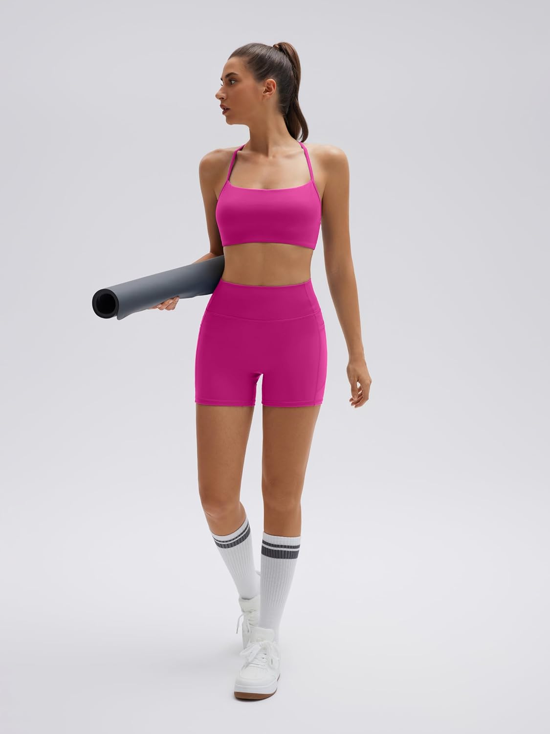 SUUKSESS Women 2 Piece Workout Sets Padded Halter Sports Bras High Waisted Biker Shorts with Pockets - Image 5