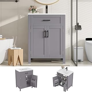 Waschtisch mit Unterschrank 60 cm, Gäste WC Badmöbel Waschbecken Badunterschrank Waschtischunterschrank für kleine Bäder, Keramikbecken, Doppeltürregale & umkehrbarer Schublade (Grau)