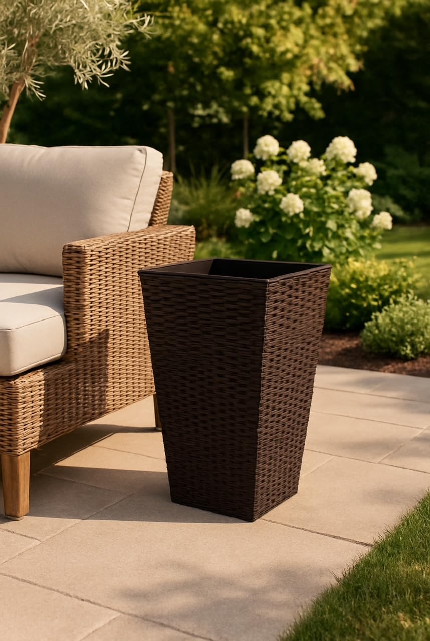 Tamersgifts Tall Square Plastic Rattan Indoor/Outdoor Planters (Brown Tall Rattan Planter 28cm Diameter x 45cm Height)